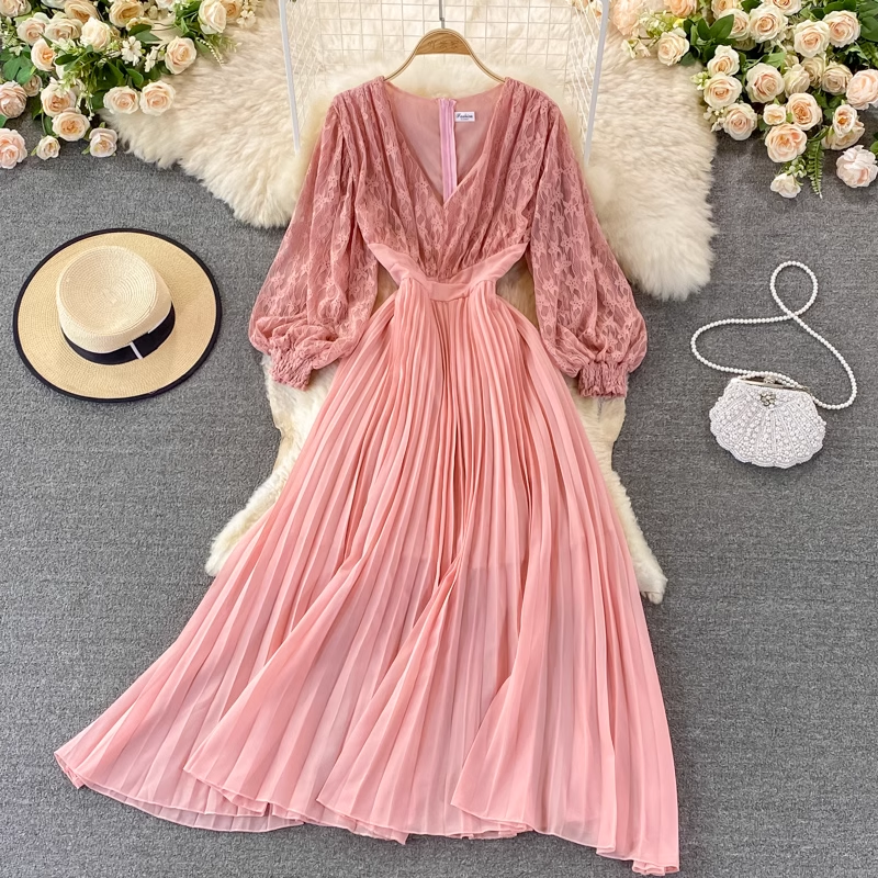 Elegant Autumn Long Sleeve V-Neck Lace Pleated Midi Dress for Women | Fall Wedding Guest Outfit & Holiday Party Dress