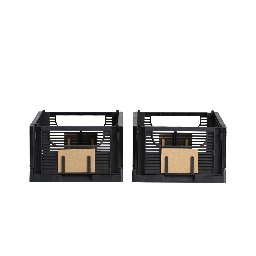 DESIGNSTUFF Linear Collapsible Storage Crate Set of 2 - 25x16cm Small Black Foldable Organizer Bins for Home, Office, Closet & Garage Organization