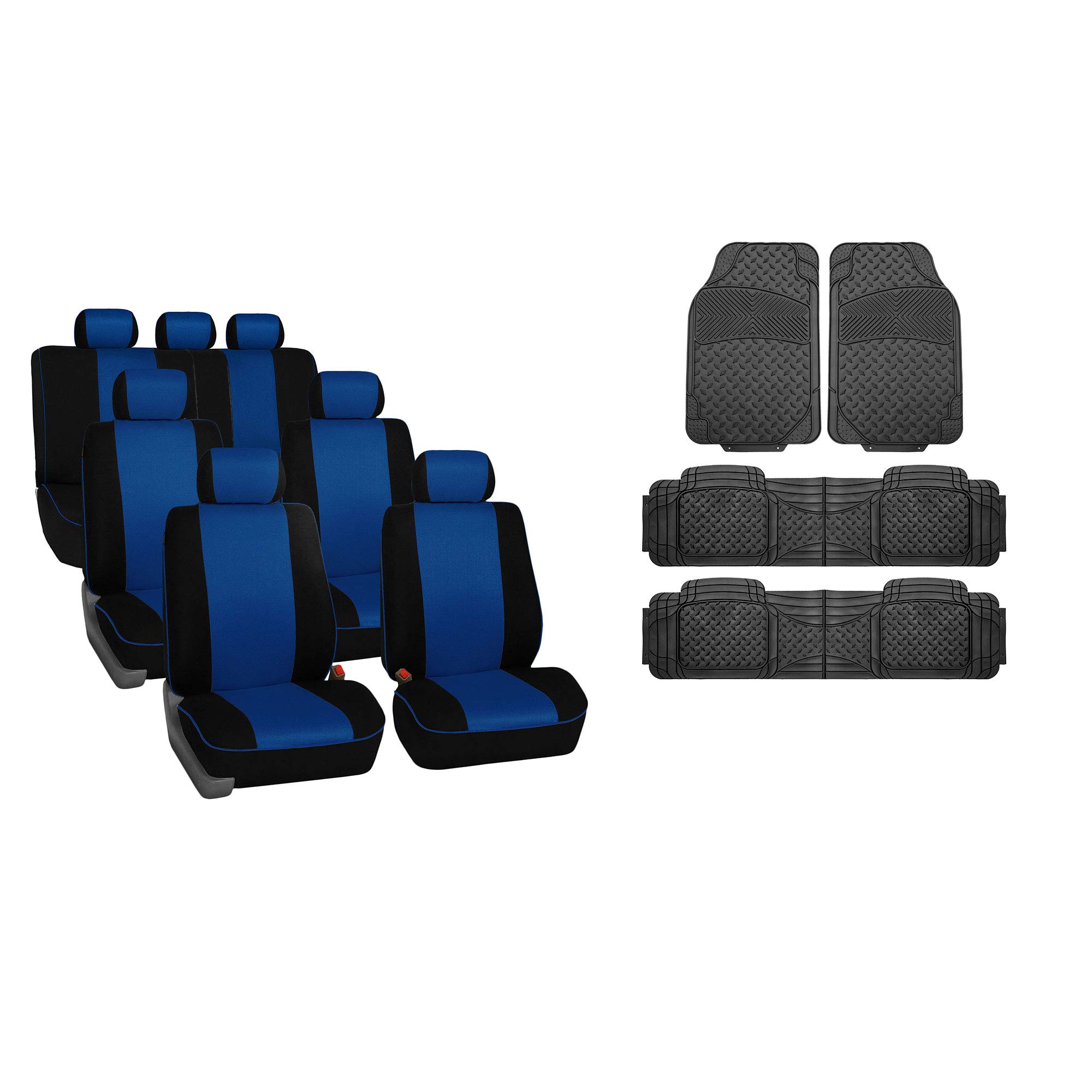 TLH Blue Car Seat Covers for 3-Row 8-Seater Vehicles - Airbag Compatible Split Bench Vinyl Seat Protectors with Durable Trimmable Floor Mats | Perfect for SUVs, Minivans & Family Road Trips