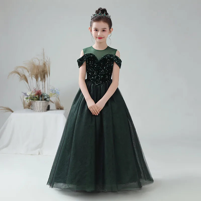 Elegant Girls Formal Party Gown - Long Tulle Flower Girl Dress with Sparkling Sequins | Perfect for Weddings, Pageants & Special Occasions