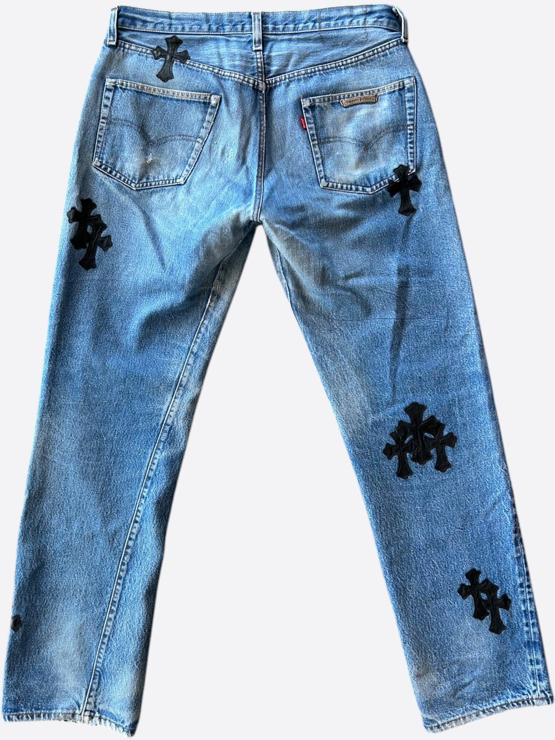Chrome Hearts x Levi's Blue & Black Cross Patch Denim Jeans for Men - Stylish Vintage Streetwear for Casual Outfits and Night Out