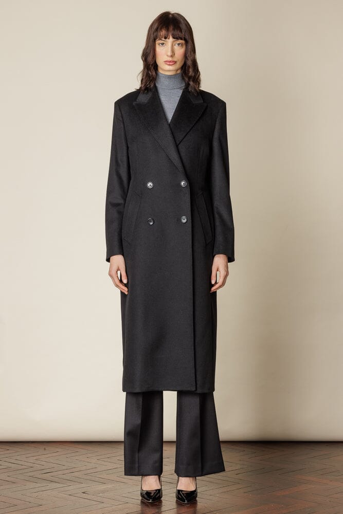 Stylish Black Wool Double Breasted Long Coat with 4 Buttons & Broad Peak Lapels - Perfect for Winter Fashion & Formal Occasions
