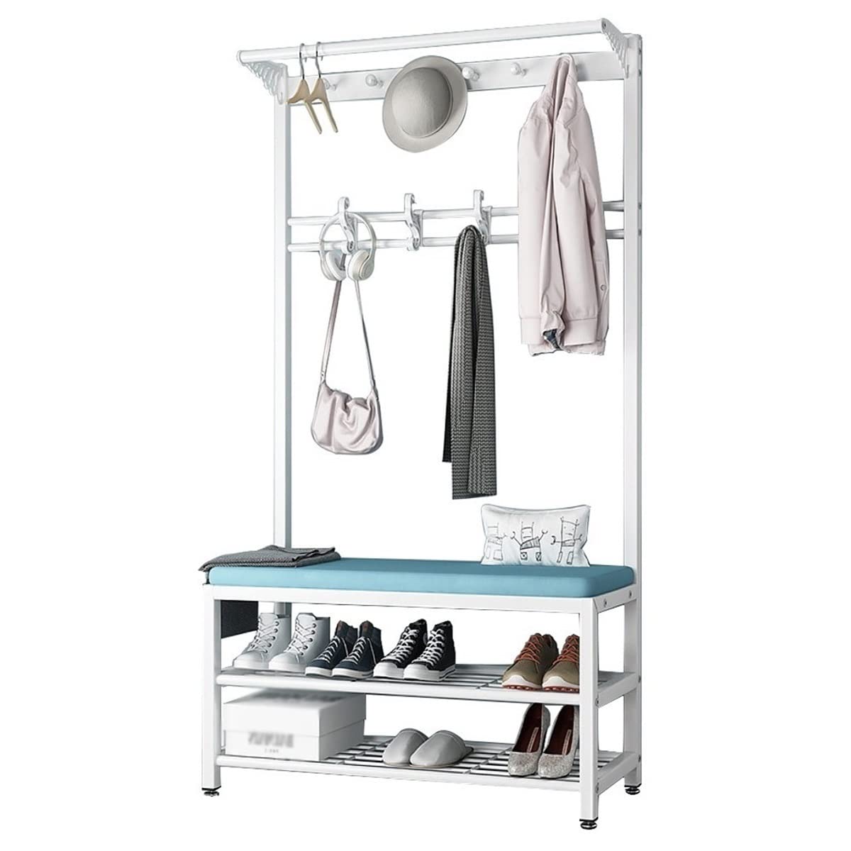 YAWEDA 3-in-1 Entryway Coat Rack Shoe Bench with 10 Hooks & 3-Tier Storage Shelves - Multifunctional Hallway Organizer for Home, Office, or Apartment - Easy Assembly (Blue, 60cm) - Perfect for Small Spaces & Entry Organization