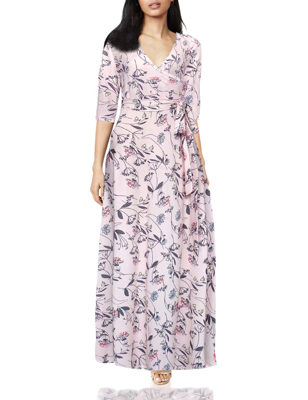 Afibi Women's Bohemian 3/4 Sleeve Faux Wrap Maxi Dress with Belt - Flowy Summer Beach Dress for Vacation, Wedding Guest & Casual Outings