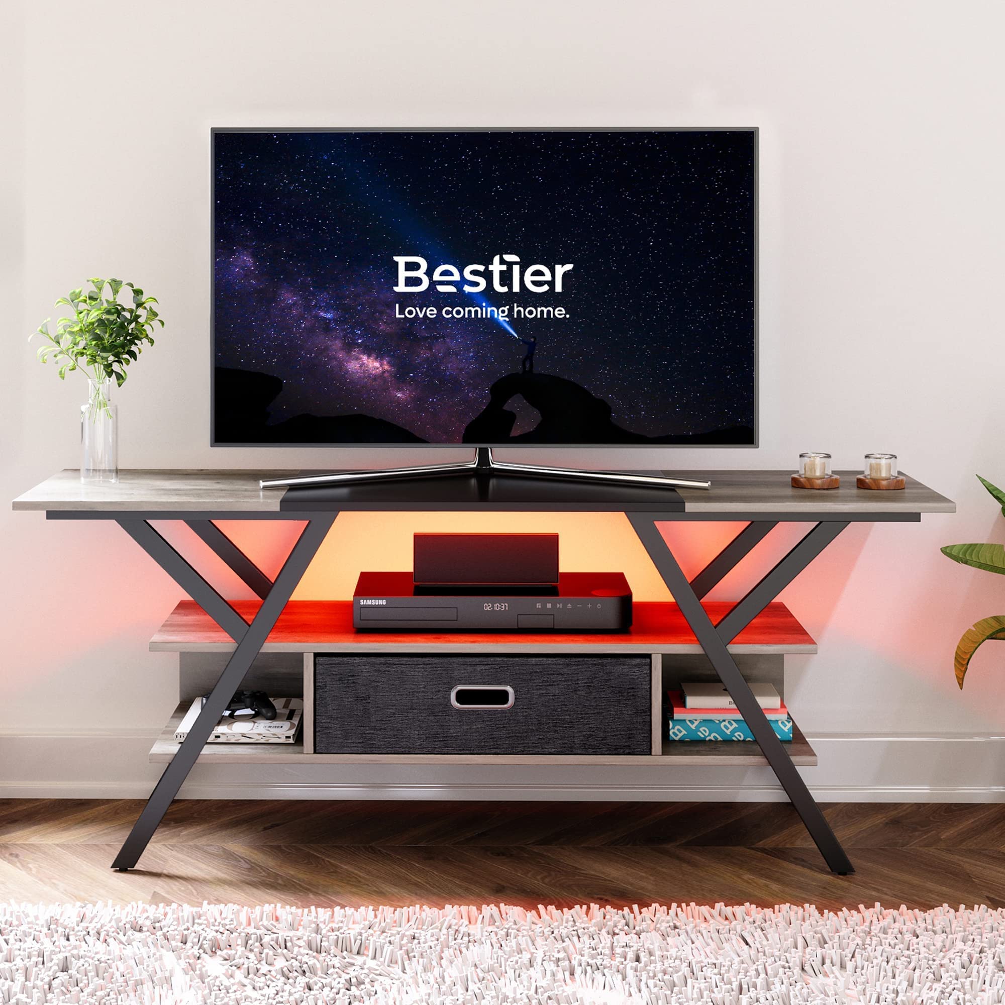 Bestier 55/60/65 Inch LED TV Stand with Storage Drawers - Modern Entertainment Center for Gaming Consoles (PS5/Xbox) - Wash Gray TV Cabinet for Living Room & Bedroom - Perfect for Movie Nights & Gaming Sessions