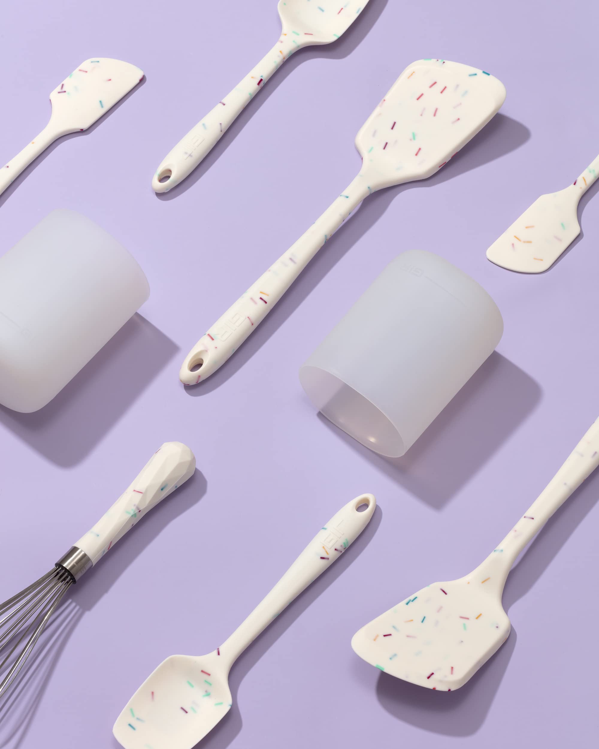 Premium Silicone Kitchen Utensil Set - Non-Stick Heat Resistant Cooking Tools (Spatula, Turner, Spoonula, Whisk) with Storage Container - Perfect for Baking, Frying & Serving - Sprinkle Design