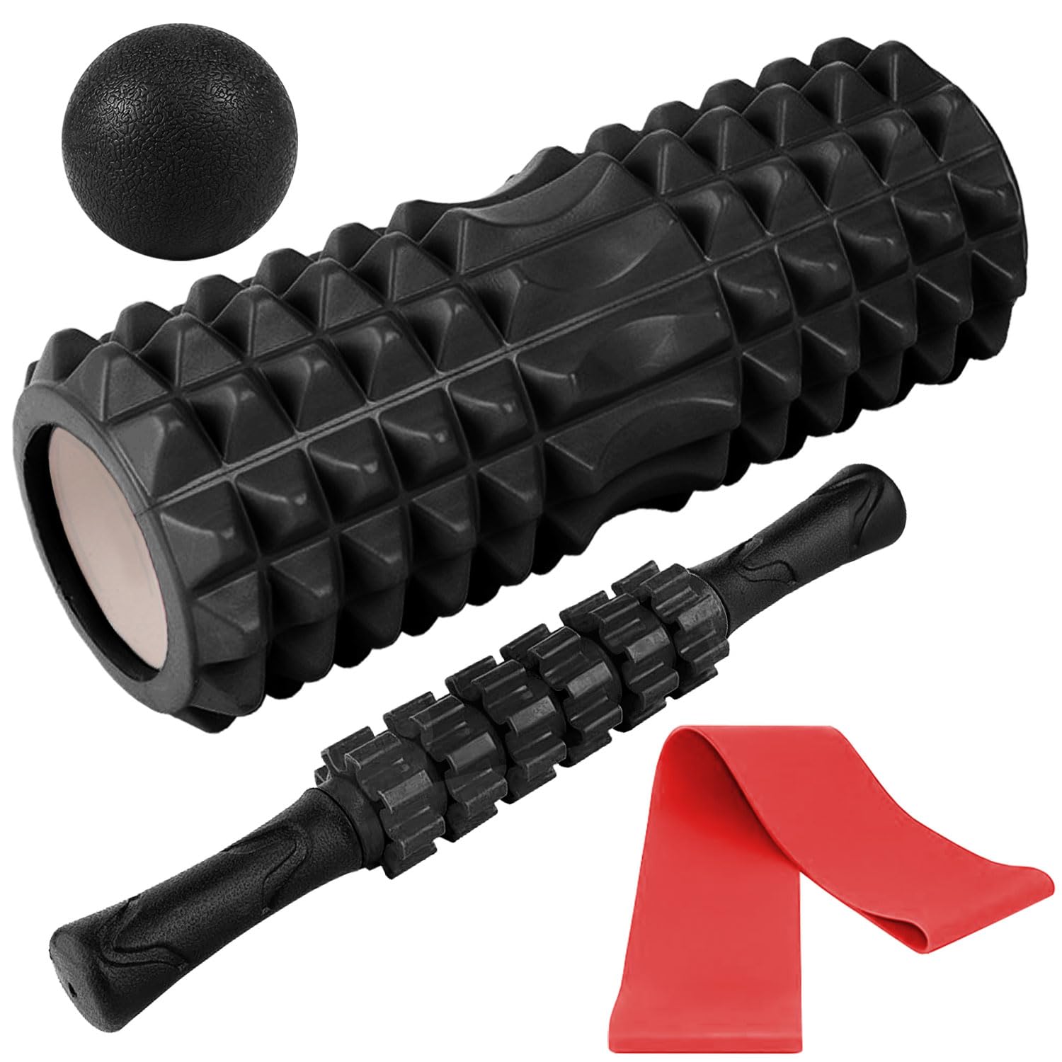 Premium 5-in-1 Foam Roller Set - High Density Muscle Massage Roller with Yoga Roller Stick, Massage Ball & Resistance Bands for Deep Tissue Pain Relief - Perfect for Back, Legs & Full Body Recovery - Ideal for Yoga, Gym Workouts & Post-Exercise Recovery (Black)