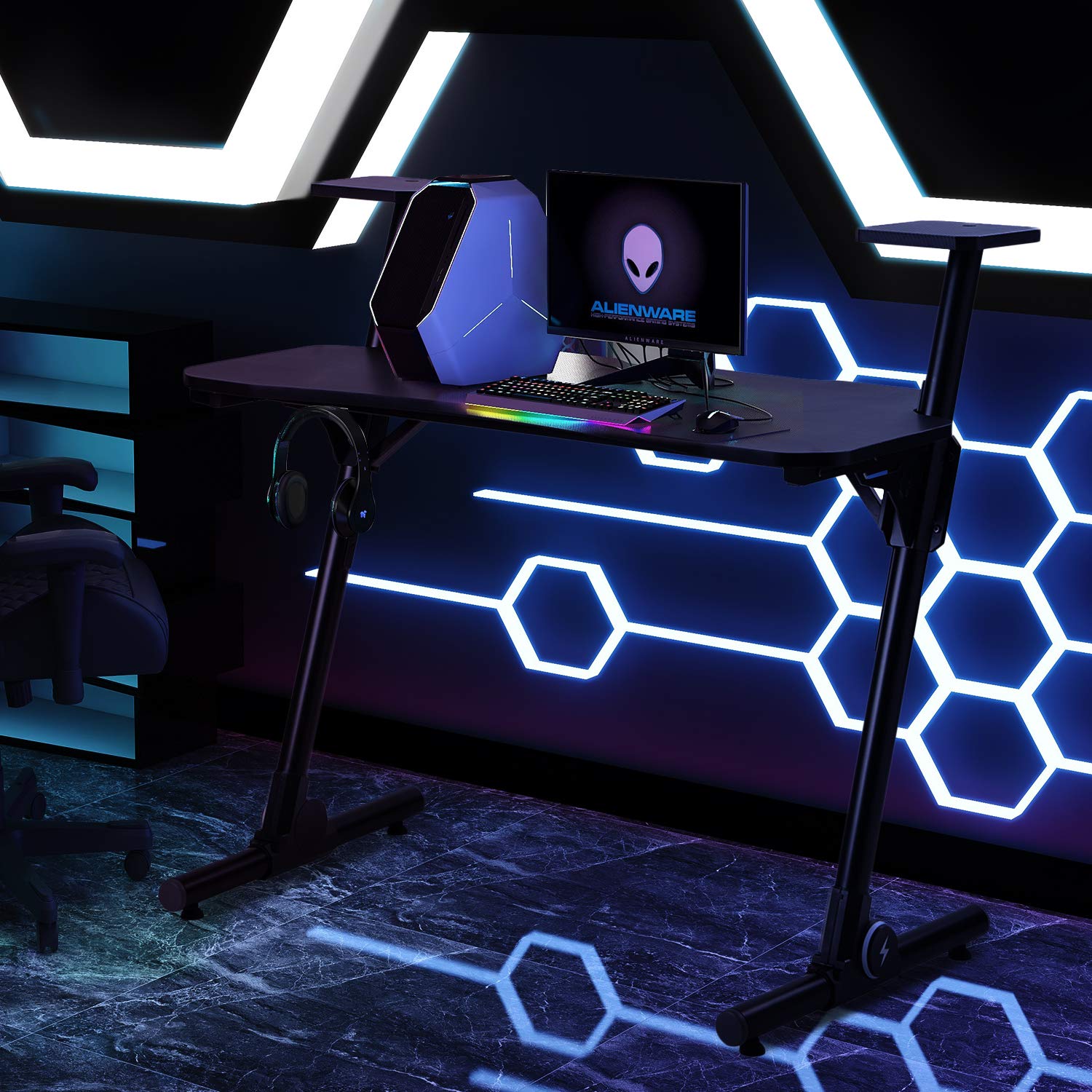 44-Inch Z-Shaped Gaming Desk with Carbon Fiber Table Top & Headphone Hook - Ergonomic Computer Desk for Home Office & Gaming Setup (Black) | Perfect for PC Gaming, Streaming & Remote Work