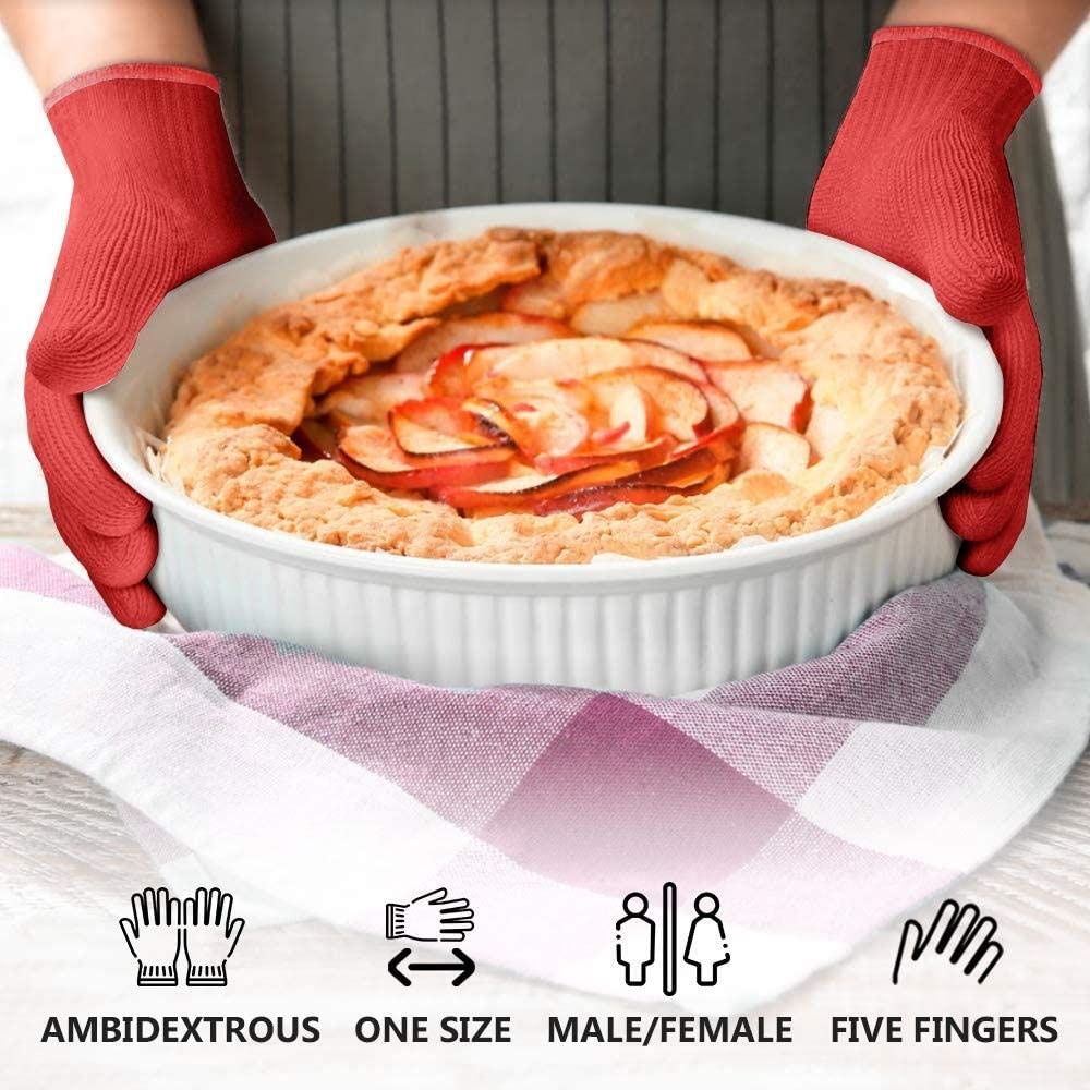 Heat Resistant Oven Gloves - 1 Pair Cotton Kitchen Mitts for Cooking, Baking & Grilling - Red Pot Holders with Finger Protection for Safe Handling of Hot Pans & Dishes