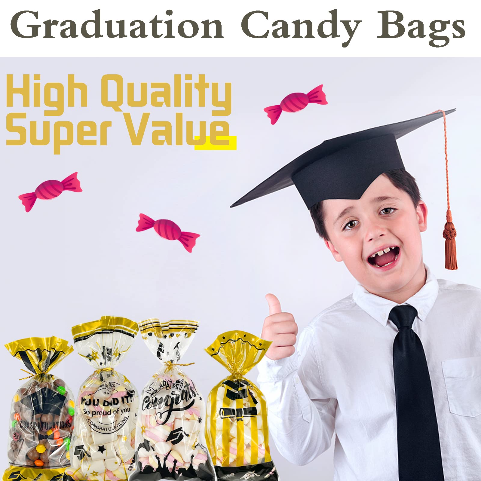 Bnsikun 100Pcs Graduation Cellophane Treat Bags - Clear Candy Popcorn Favor Bags for Graduation Party, Birthday, Baby Shower & Wedding Table Decorations