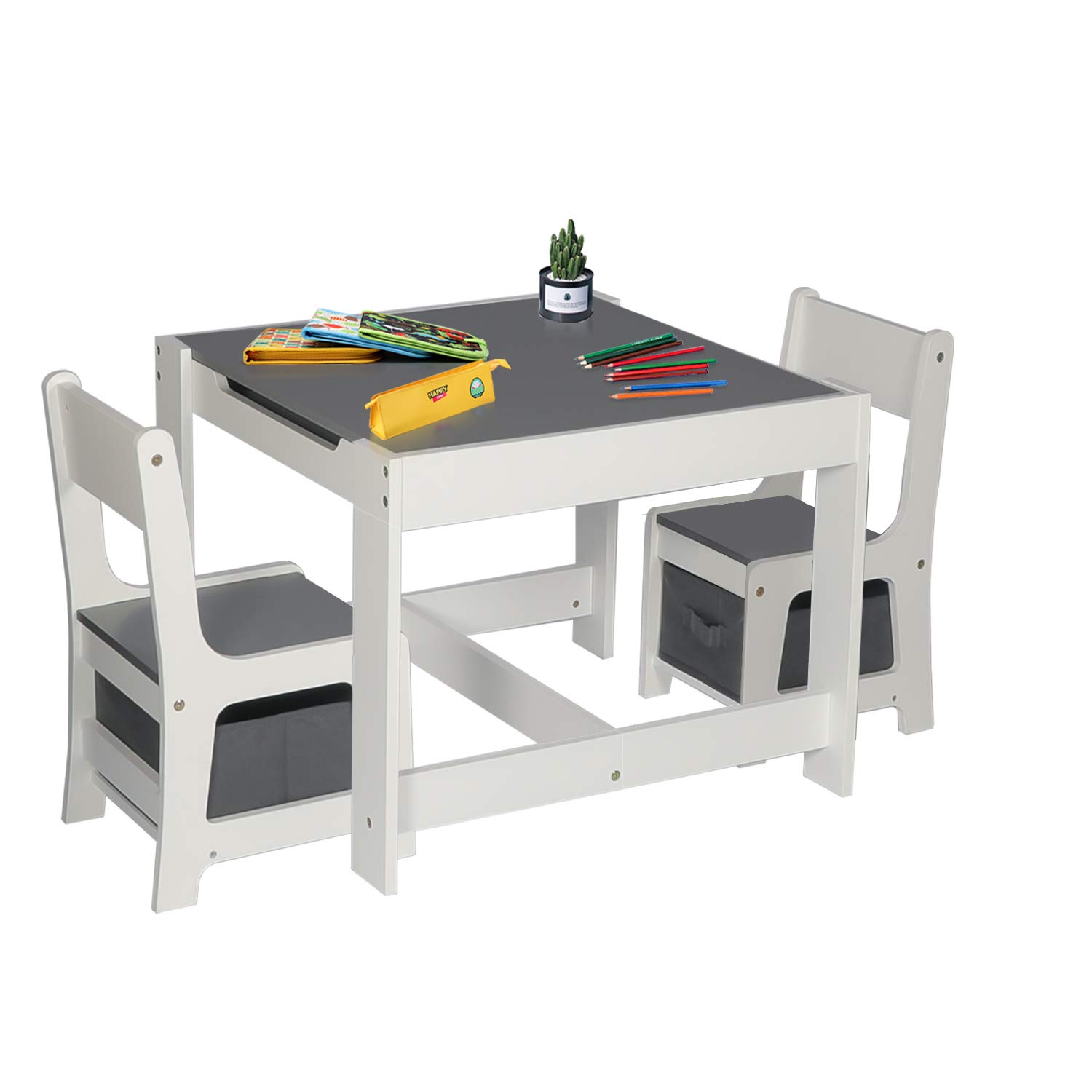 COEWSKE Kids Wooden Activity Table and Chairs Set with Storage Baskets & Detachable Blackboard - 2 Chairs & 1 Table for Playroom, Classroom, Homeschool - Perfect for Drawing, Arts & Crafts, Reading and Learning Activities (Gray)