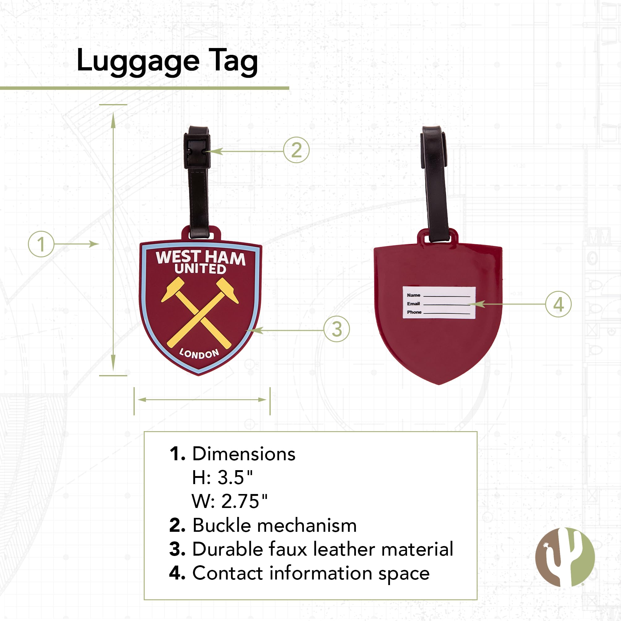 West Ham United Cactus Design Durable PVC Luggage Tag - Soccer Football Travel ID Label for Bags, Backpacks & Suitcases - Perfect for Fans Traveling to Matches & Vacations