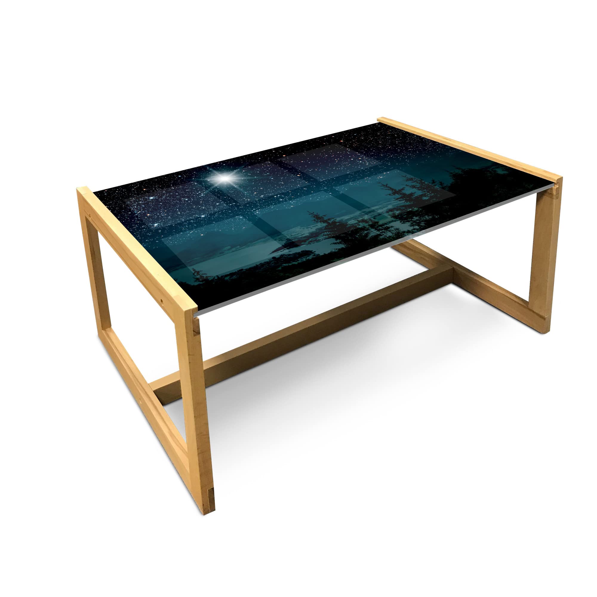 Ambesonne Starry Sky Coffee Table with Mountain Pine River Midnight Scenery Print - Acrylic Glass Top & Wooden Frame - Large Dark Teal & Emerald Home Office Decor - Perfect for Living Rooms, Dorms, and Cozy Spaces