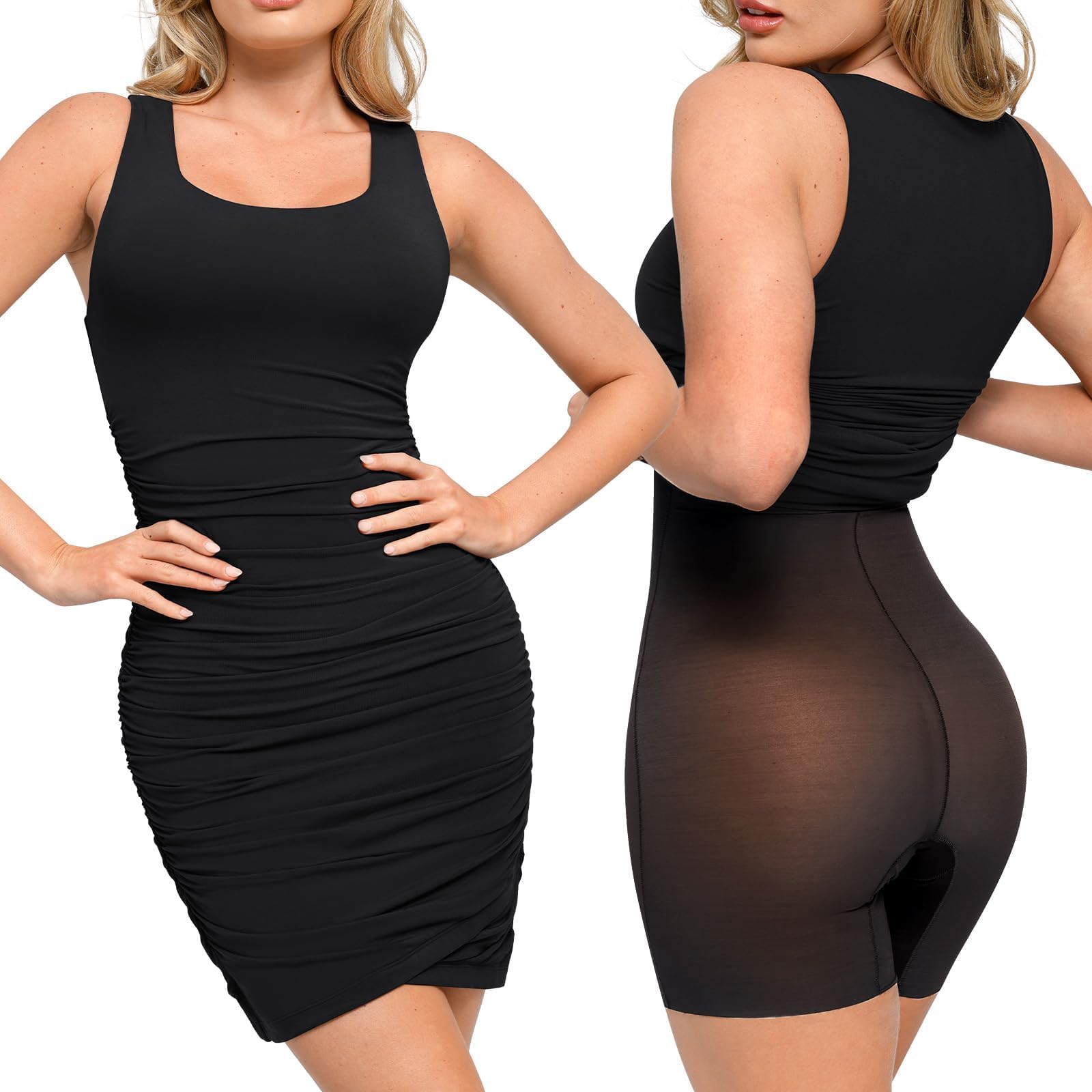Popilush Women's Mini Dress - U-Neck Shapewear Tummy Control Bodycon Ruched Dress for Slimming & Smoothing | Perfect for Party, Club, Date Night & Evening Out