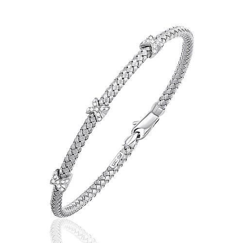 14K White Gold Basket Weave Bangle with Cross Diamond Accents (4.0mm, Size 7.25) - Elegant Jewelry for Women, Perfect for Weddings, Anniversaries & Special Occasions