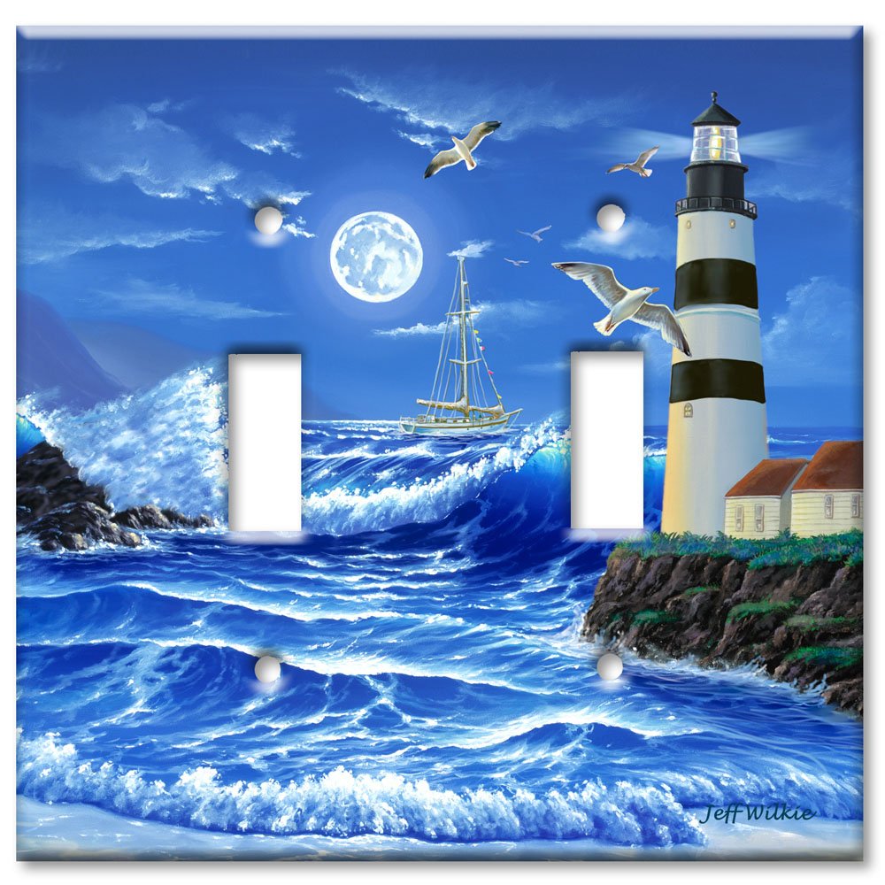Oversized Double Gang Toggle Switch Plate - Decorative Metal Wall Plate with Lighthouse at Night Design - Made in USA - Perfect for Living Room, Bedroom & Office Decor