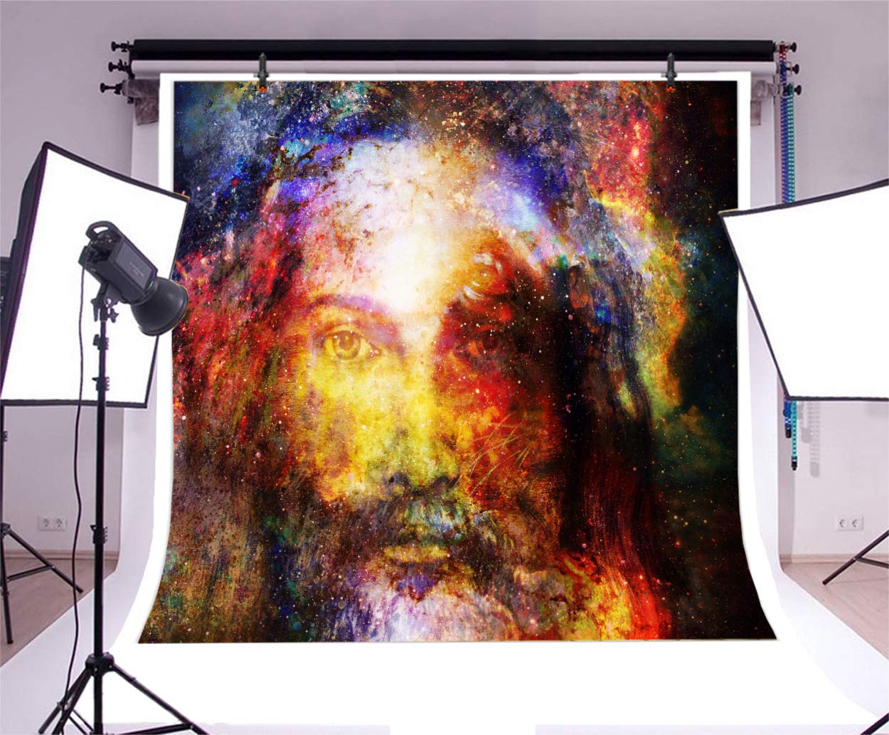 AOFOTO 8x8ft Abstract Jesus Face Backdrop - Nebula Christian Religious Photography Background for Church Events, Concerts, Festivals & Studio Props | Durable Vinyl Wallpaper for Cathedral Decor & Spiritual Photography