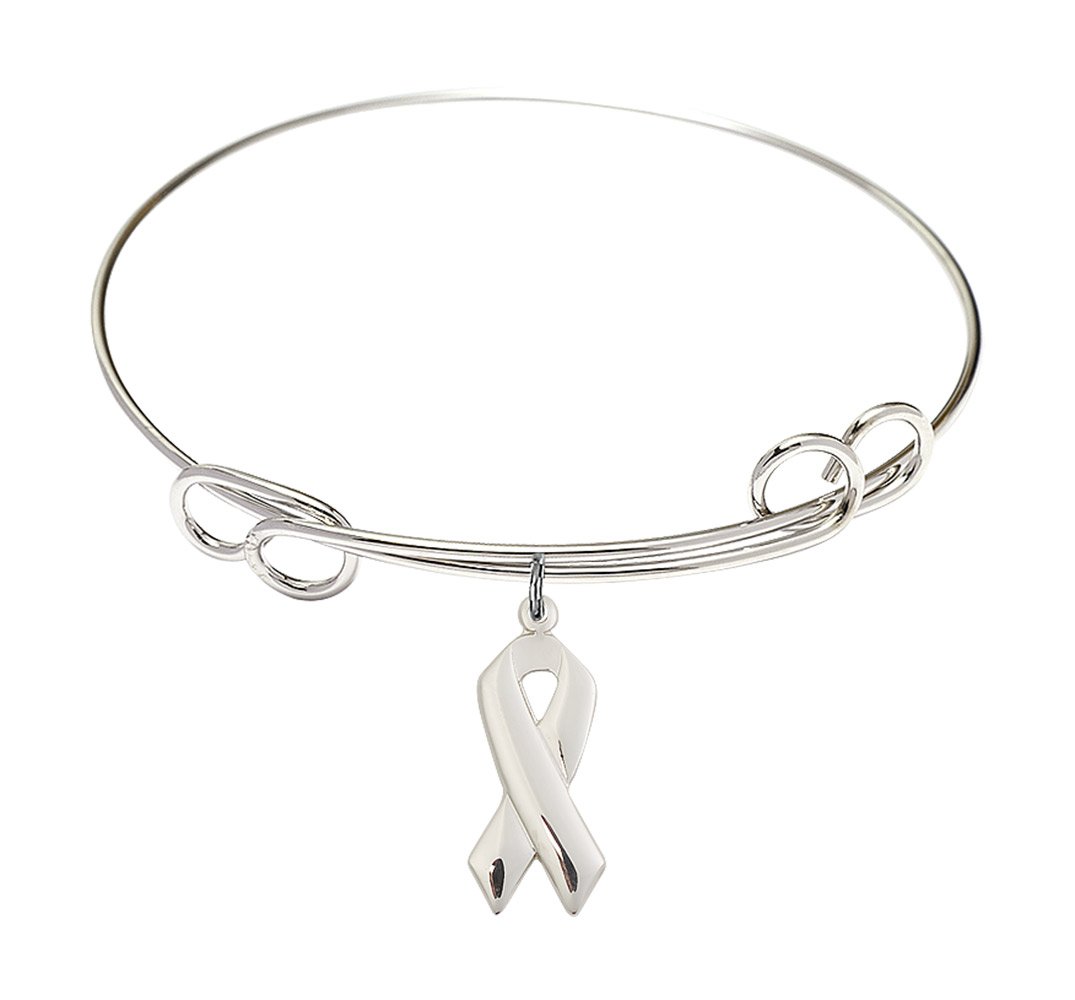 Sterling Silver Round Double Loop Bangle Bracelet - Cancer Awareness Ribbon Jewelry Gift for Women (Perfect for Support Events, Fundraisers & Everyday Wear)