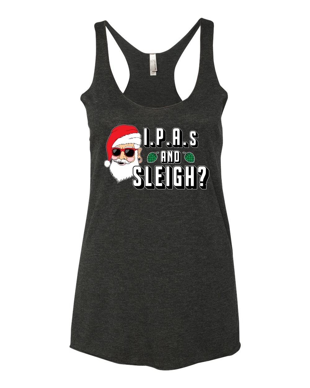 Trendy Santa IPA & Sleigh Print Christmas Tri-Blend Racerback Tank Top for Women - Festive Holiday Party Outfit & Gift Idea