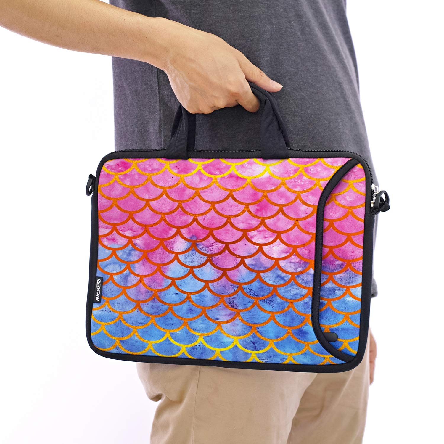 Premium RICHEN 11-13.3 Inch Neoprene Laptop Sleeve Case for MacBook/Chromebook/Notebook - Waterproof Travel Bag with Handle & Shoulder Strap (Mermaid Scale Design) - Perfect for Business, School & Airplane Carry-On