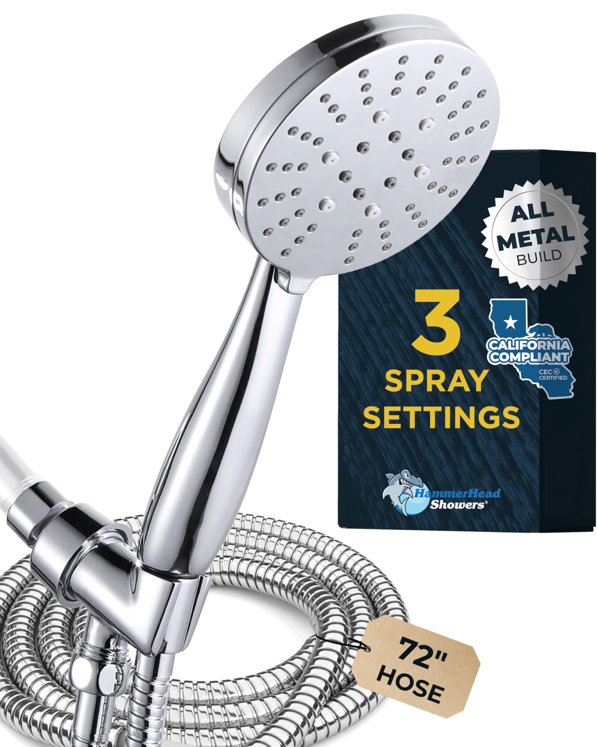 HammerHead Showers® All Metal 3-Spray Handheld Shower Head with 6ft Hose & Holder - Chrome Finish - Wide, Massage & Mist Settings - 1.8 GPM Low Flow Water Saving Showerhead for Bathroom, Spa & Pet Washing