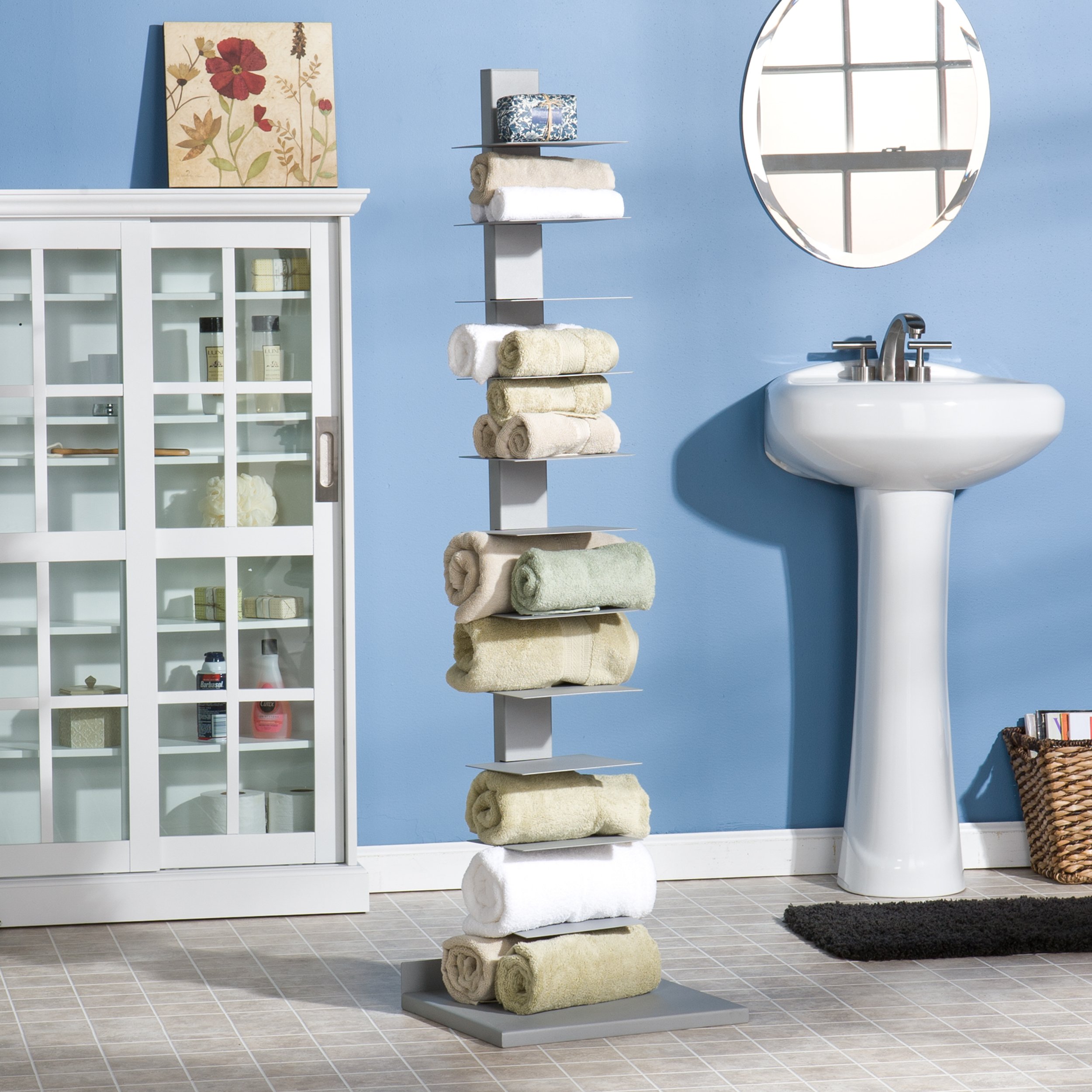SEI Furniture 11-Shelf Metal Bookcase Tower, Silver - Modern Bookshelf for Home Office, Living Room & Library Storage