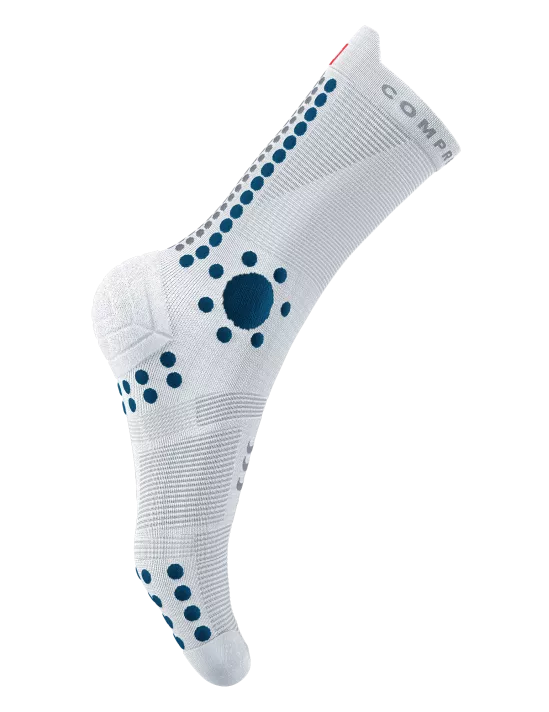 Compressport Unisex Pro Racing Socks v4.0 - Trail Running Socks for Men & Women - Breathable & Performance Athletic Socks - White/Fjord Blue - Ideal for Marathon, Hiking & Outdoor Sports