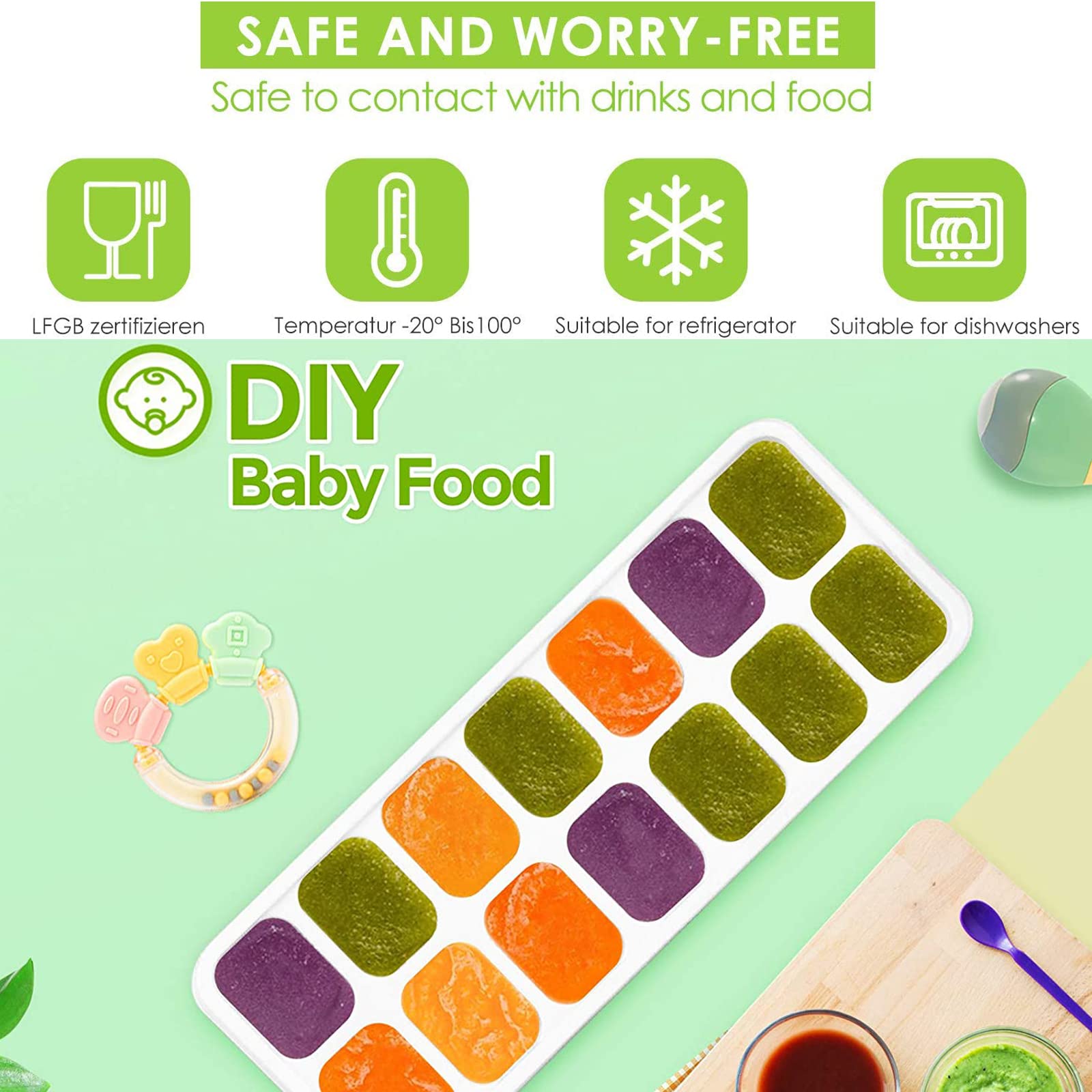 BPA-Free Silicone Ice Cube Trays with Lids (4-Pack) - Flexible, Easy Release, Stackable & Spill-Proof Ice Molds for Freezer, Dishwasher Safe - Perfect for Cocktails, Whiskey, Fruit Infused Water & Party Drinks (Blue & Green)