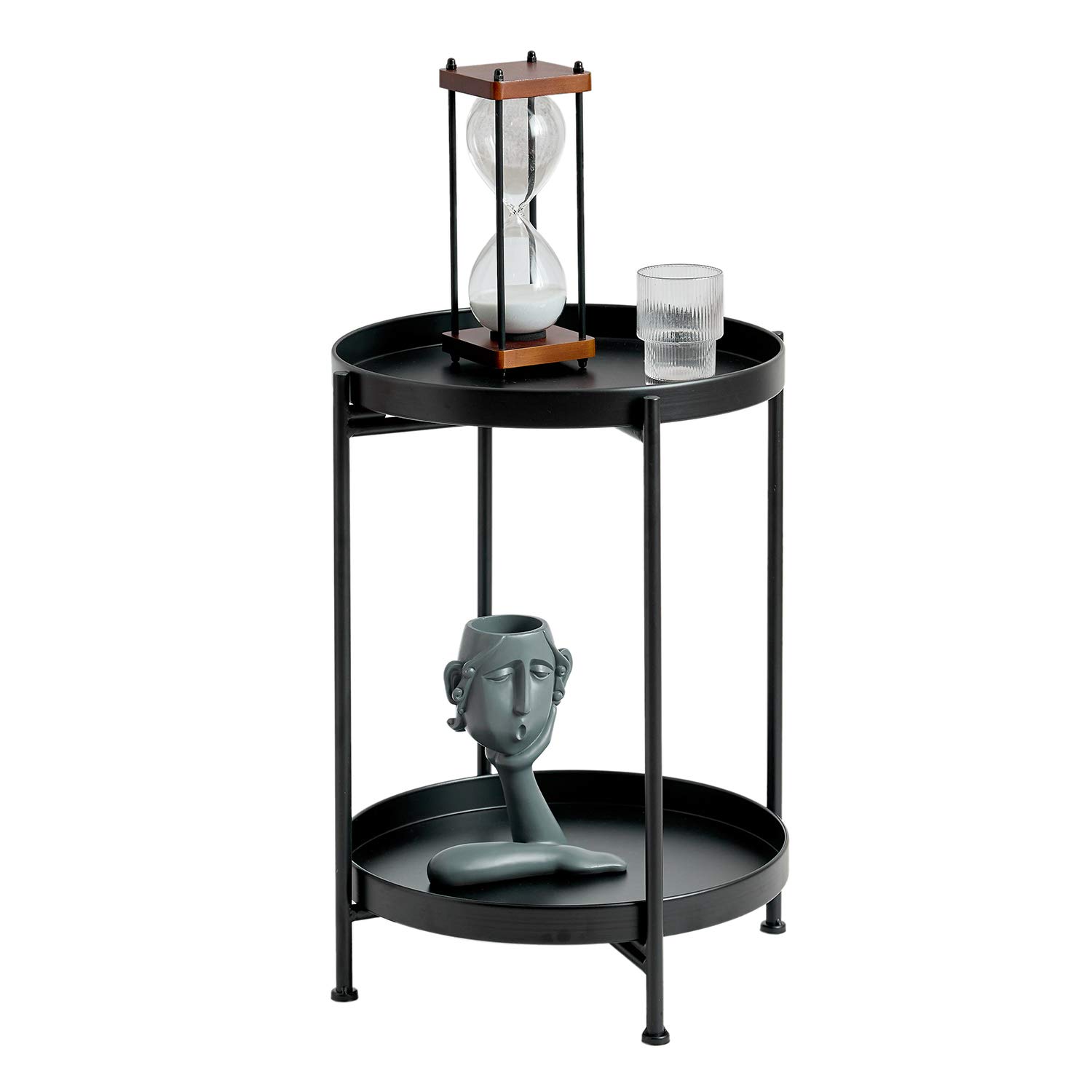 2-Tier Round Metal Tray End Table - Foldable Coffee & Side Table for Couch, Sofa, Bed - Perfect for Living Room, Bedroom, Office & Small Spaces - 20