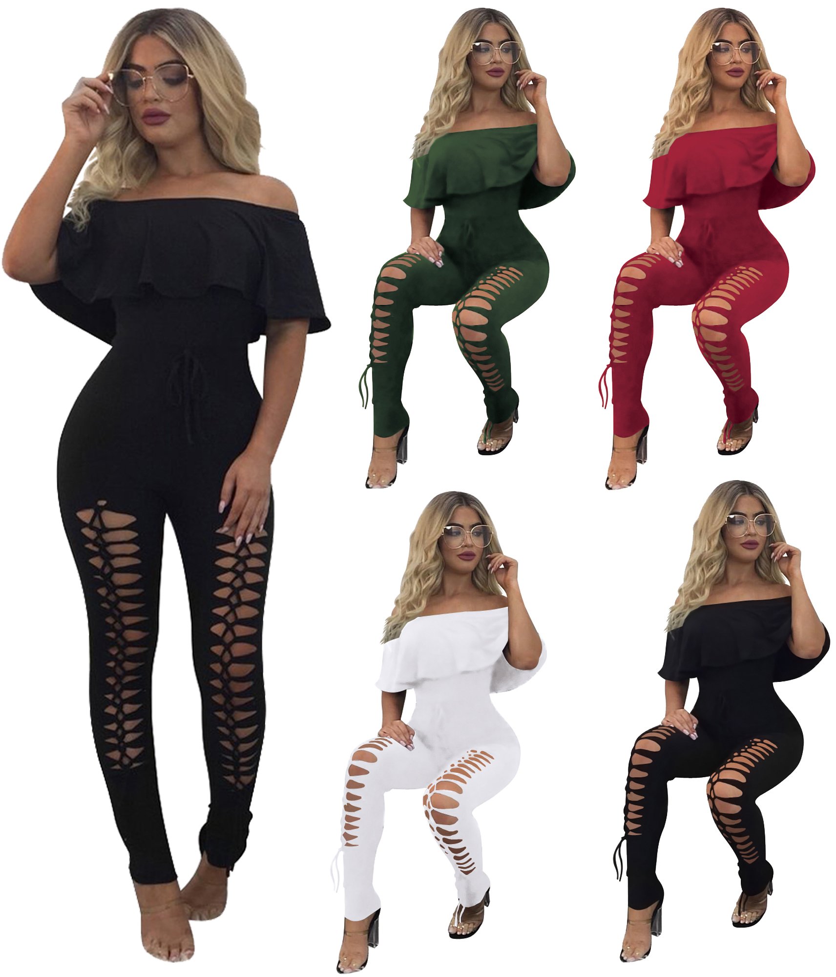 PRETTYGARDEN Women's Sexy Off Shoulder Bodycon Jumpsuit - Summer Ruffle Sleeve Hollow Out Romper - Clubwear, Date Night Outfit, Beach Party Dress