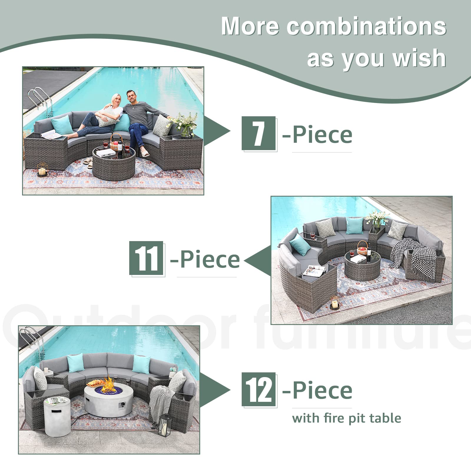 SUNSITT 2-Piece Half Moon Patio Furniture Set - Curved Outdoor Wicker Sofa Sectional with Gray Cushions for Garden, Poolside & Backyard Relaxation