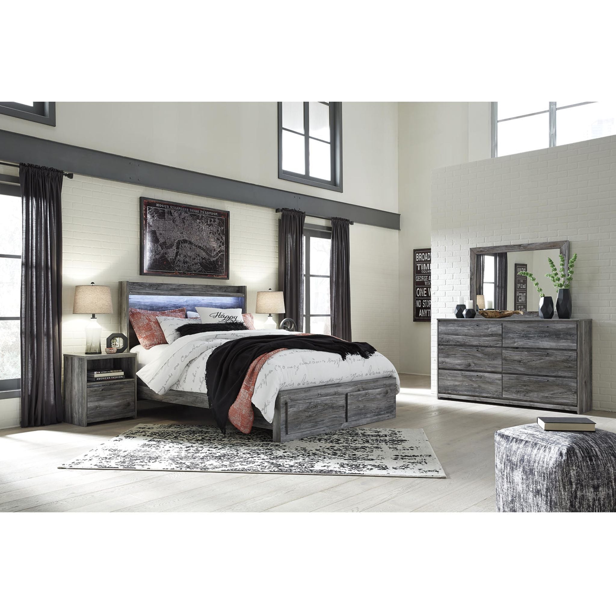 Baystorm 6-Piece Queen Size Bedroom Set in Gray - Modern Bed Frame, Nightstand & Dresser for Cozy Master Bedroom Decor