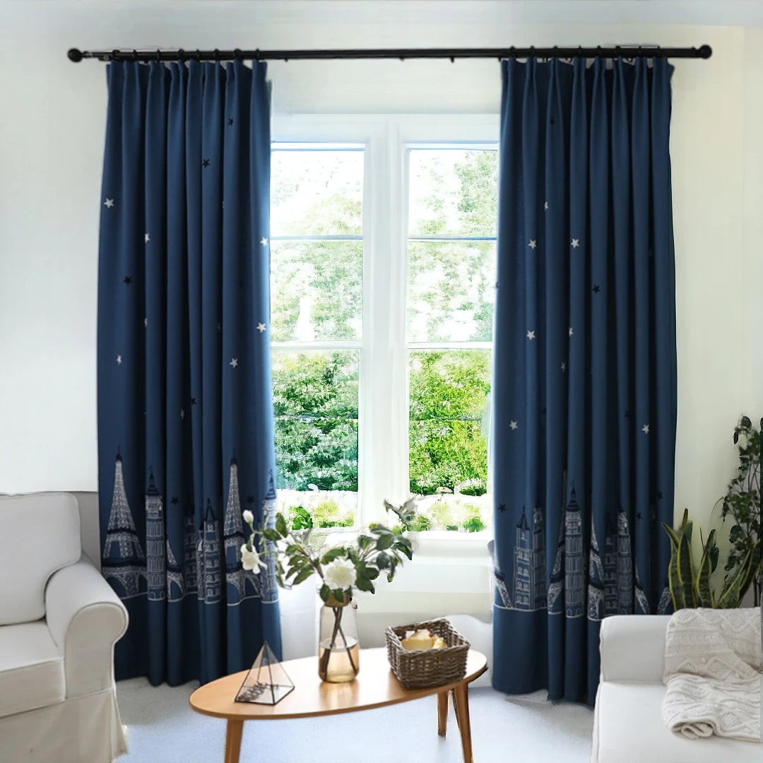 Kaila Castle Print Blackout Curtains - Custom Room Darkening Window Drapes for Bedroom, Living Room & Nursery