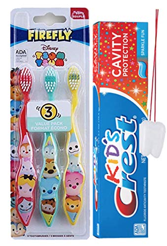 Disney Tsum Tsum Kids Toothbrush Set - 3 Pack with Colorful Character Designs & Crest Sparkle Fresh Toothpaste for Children's Oral Care - Perfect for Home, Travel, and School Use