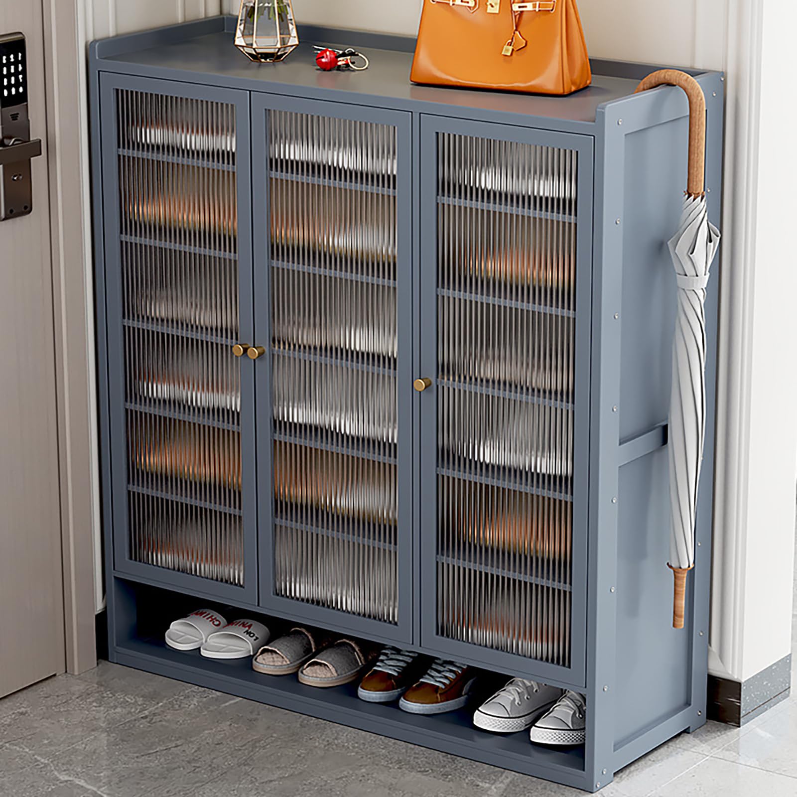 8-Tier Shoe Storage Cabinet with 3 Doors - Freestanding Shoe Rack Organizer for Entryway, Hallway, Closet & Bedroom - Multifunctional Haze Blue Shoe Shelf (35.8