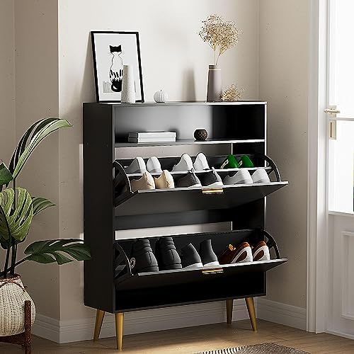 NOVAMAISON Black Shoe Storage Cabinet with 2 Flip Doors & Shelf - Freestanding Entryway Shoe Organizer with Gold Handles for Hallway, Bedroom, Apartment - Perfect for Small Spaces & Clutter-Free Home Organization