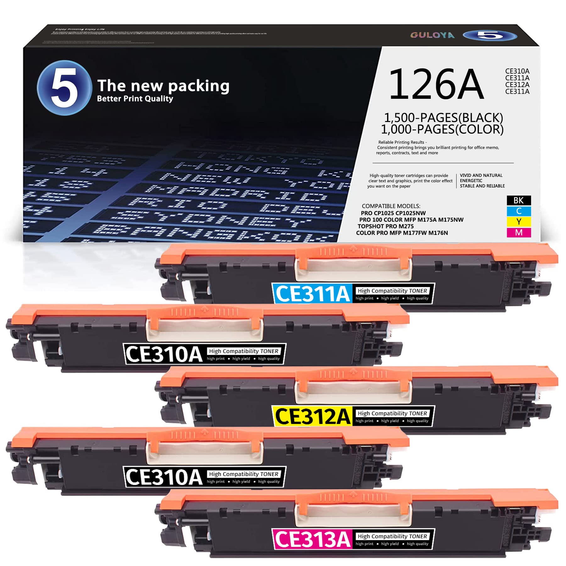 GULOYA 5-Pack Compatible Toner Cartridge for HP 126A CE310A CD311A CE312A CE313A - Replacement for HP CP1025 CP1025nw MFP M175a M175nw M275 M177fw M176n Printers (2 Black, 1 Cyan, 1 Magenta, 1 Yellow) - Perfect for Home & Office Printing Needs