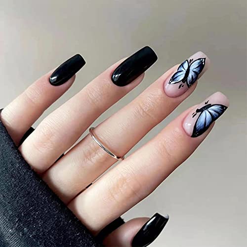 24Pcs Medium Length Butterfly Square French Press on Nails - Acrylic False Nails with Glue, Daisy & Black Butterfly Design for Women | Perfect for Nail Salon, DIY Manicure, Parties & Special Occasions