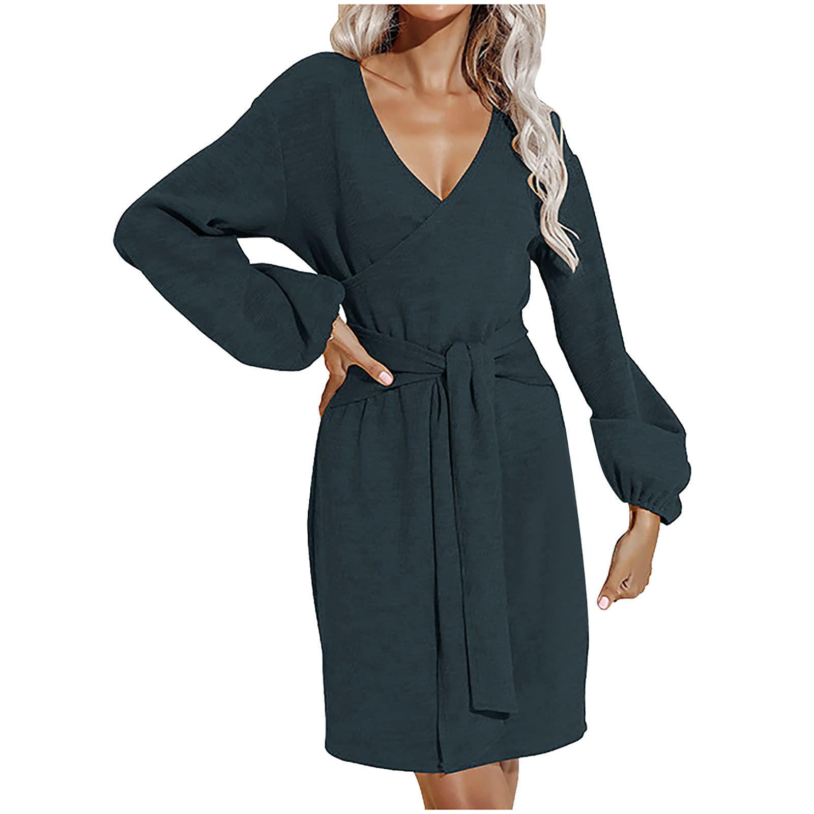Women's Black Short Casual Dress with Deep V-Neck & Long Sleeves | Slim Fit Hip-Hugging Design | Perfect for Office, Date Night & Cocktail Parties
