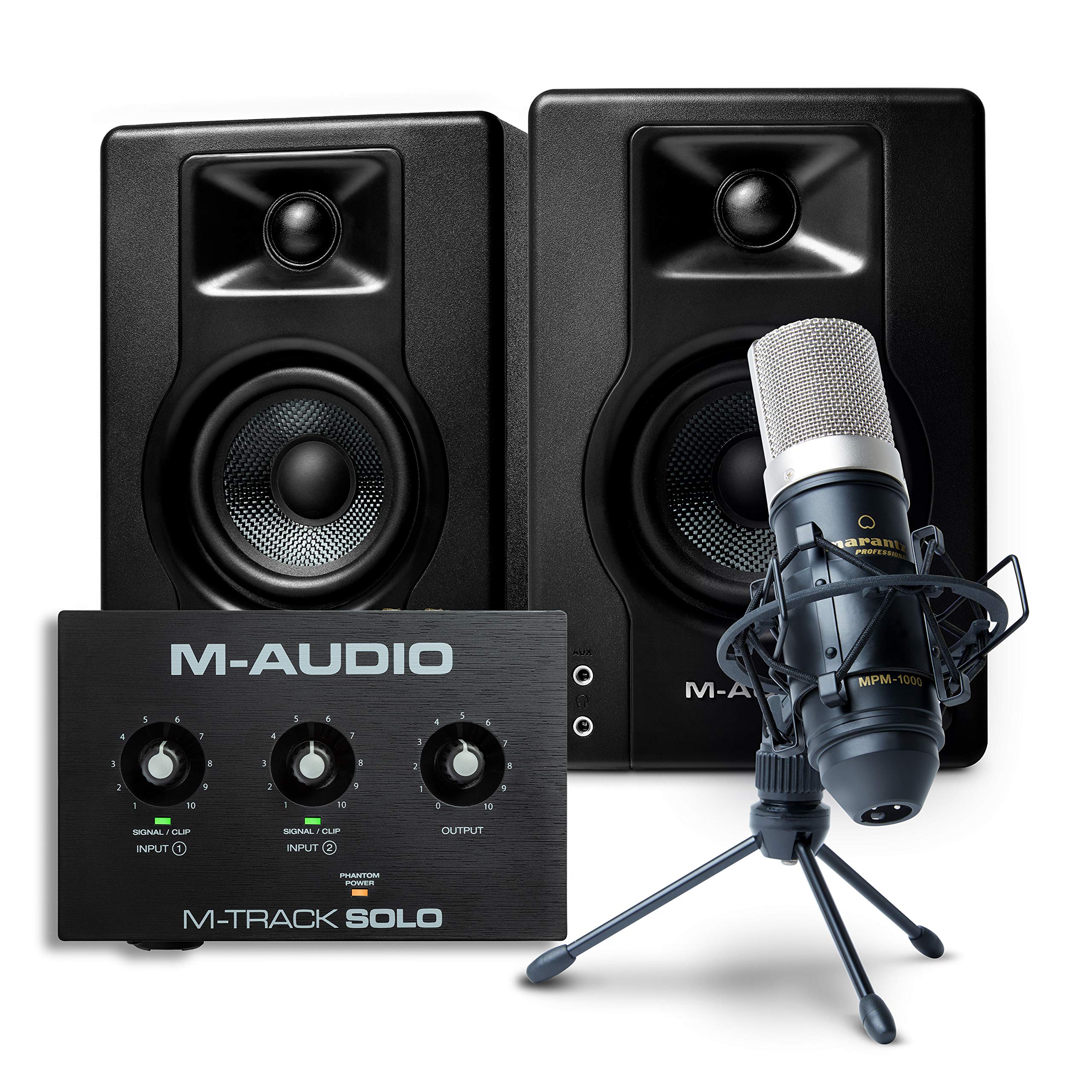 M-Audio M-Track Solo USB Audio Interface, BX3 Studio Monitors & Marantz MPM-1000 Mic Bundle for Recording, Streaming & Podcasting - Perfect for Home Studios, Live Streaming & Content Creation