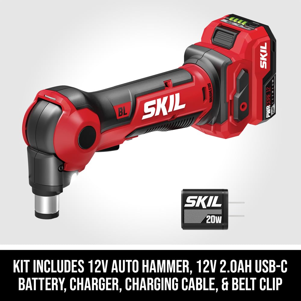 SKIL 12V Brushless Auto Hammer Kit with 2.0Ah USB-C Battery & 20W Fast Charger (AH6552A-11) - Perfect for DIY Projects, Home Repairs, and Professional Construction Work