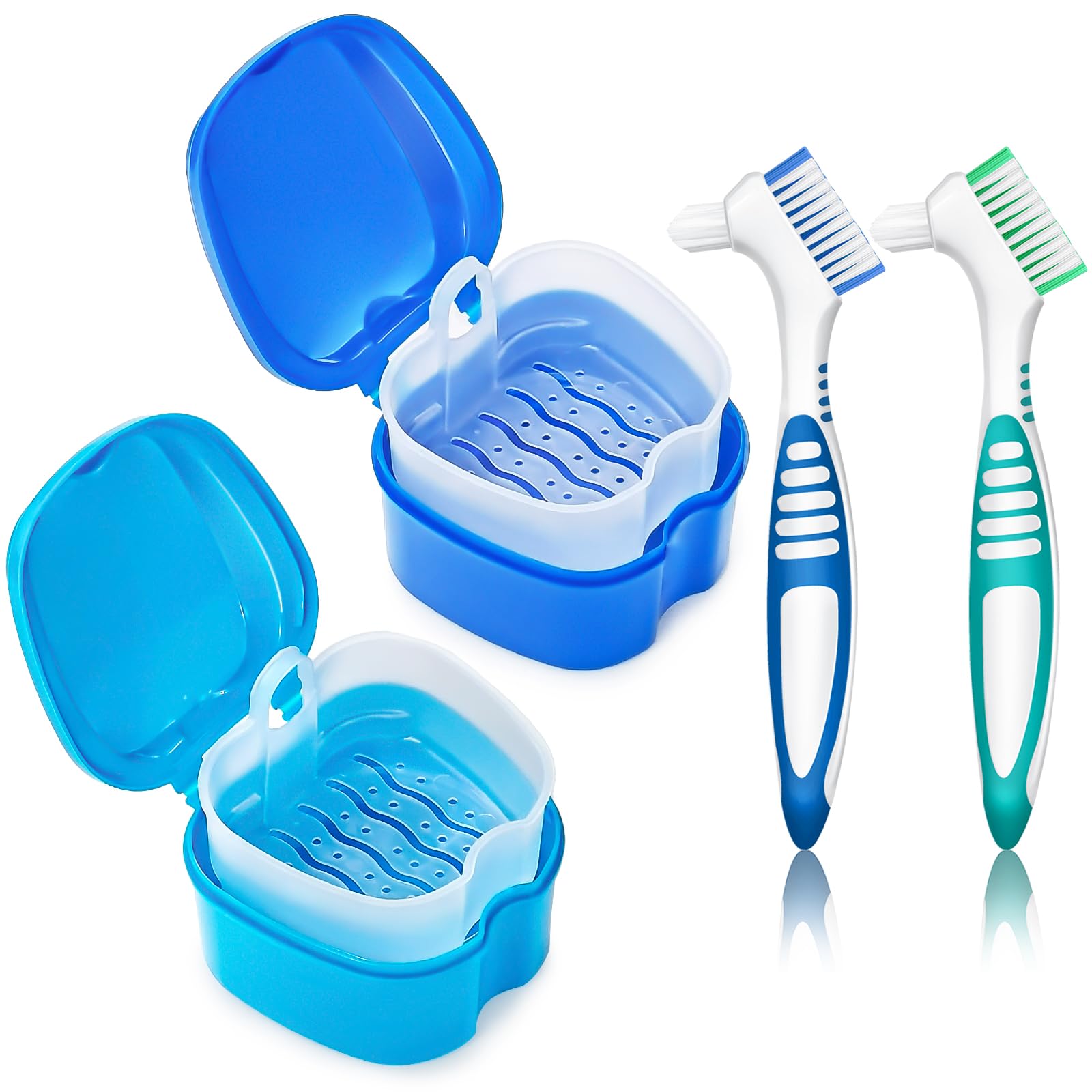 Premium Denture Soaking Cup with 2 Cleaning Brushes - Denture Holder Case for Partial Dentures & Retainers - Blue & Dark Blue Dental Care Solution for Nighttime Soaking & Travel Storage