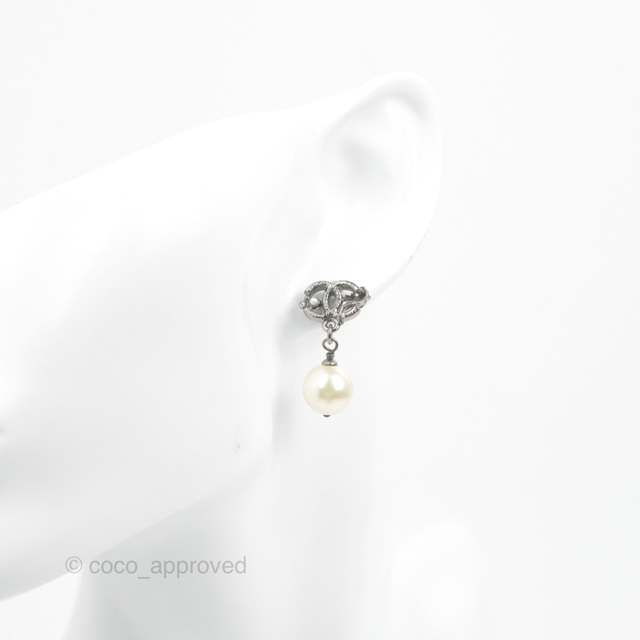Chanel CC Pearl Drop Earrings in Gun Metal - Luxury Fashion Jewelry for Women | Perfect for Parties, Weddings & Special Occasions