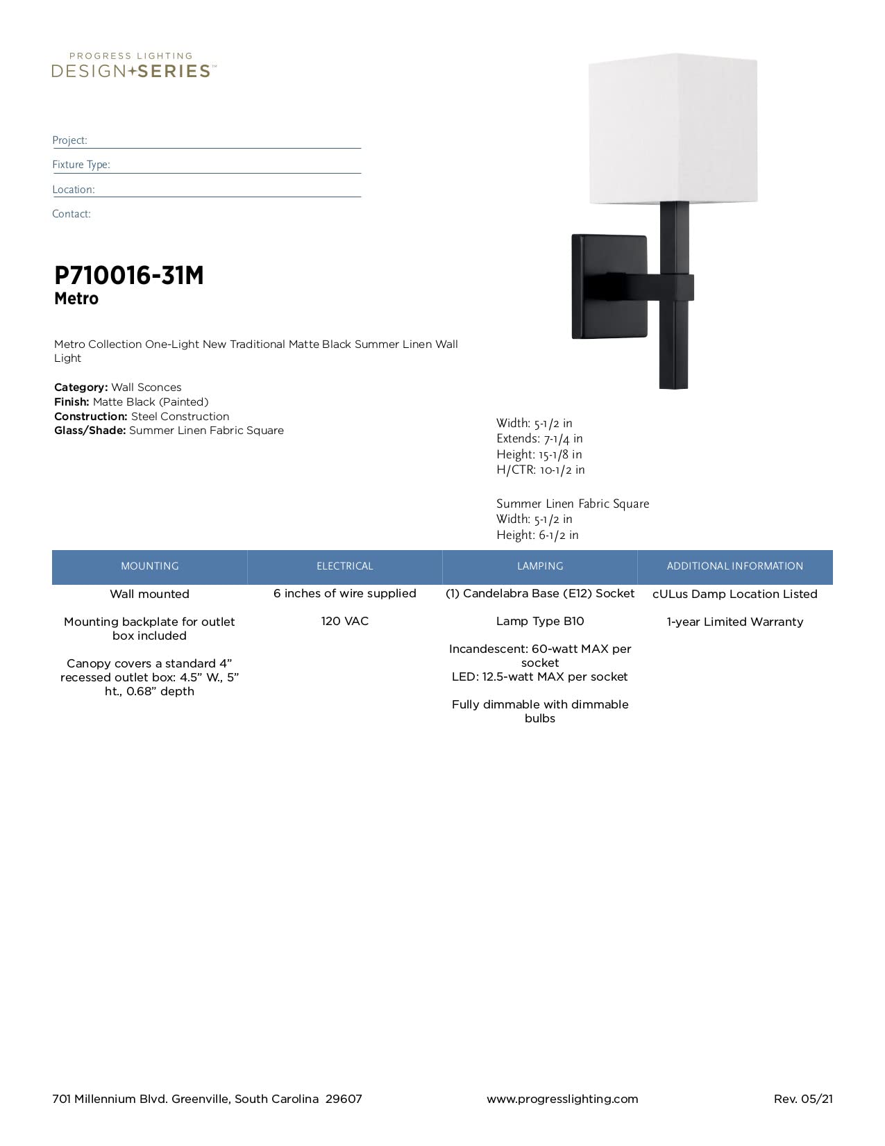 Progress Lighting Metro Collection 5.5 Inch 1-Light Matte Black Traditional Vanity Light with Linen Shade - Perfect for Bathroom, Powder Room, and Dressing Area Makeup Lighting