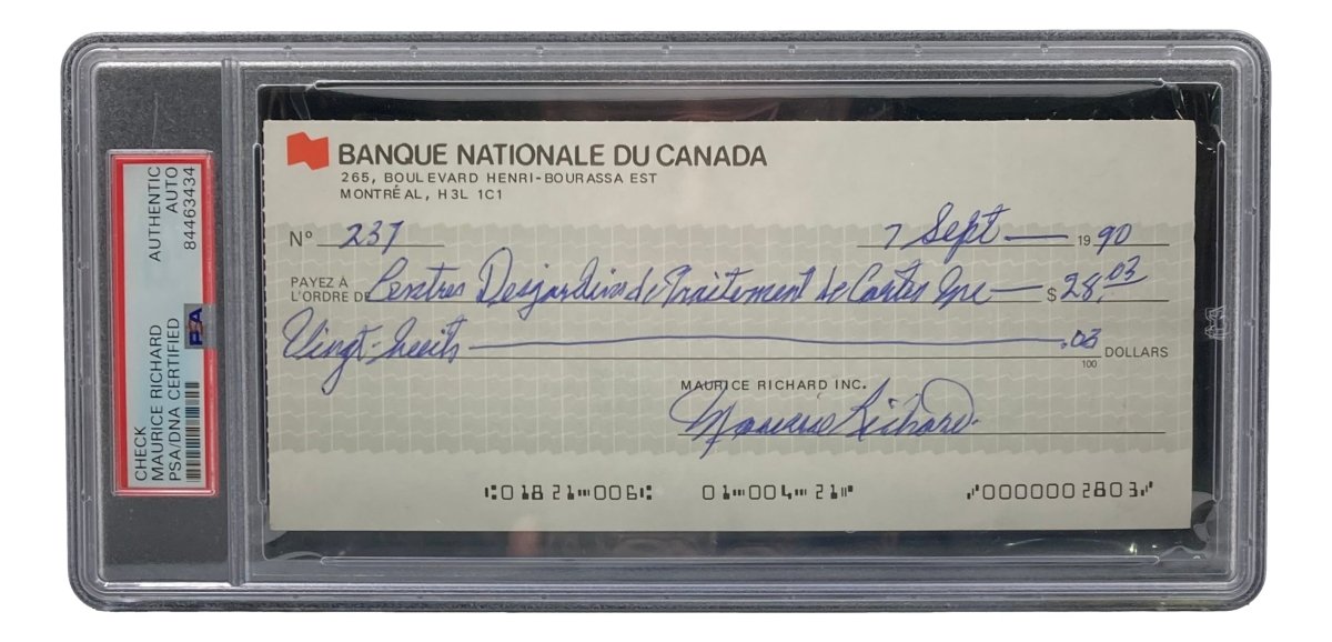 Authentic Maurice Richard Signed Montreal Canadiens Bank Check #237 PSA/DNA Certified - Rare Hockey Memorabilia for Collectors & Sports Fans - Perfect for Display in Man Caves, Sports Bars & Collector Showcases