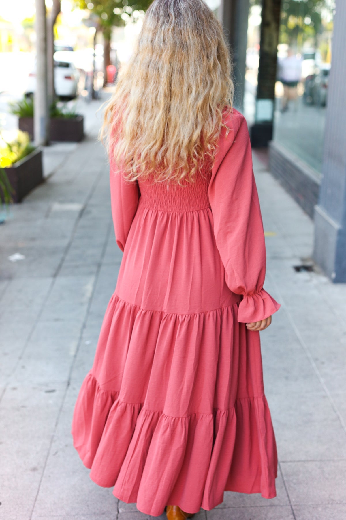 Beautiful You Lock Eyes Marsala Smocked Ruffle Sleeve Maxi Dress - Elegant Women's Long Dress for Weddings, Parties & Special Occasions
