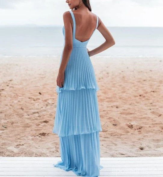 Elegant A-Line V-Neck Blue Maxi Long Party Prom Dress for Women - Perfect for Formal Events, Evening Gala & Special Occasions