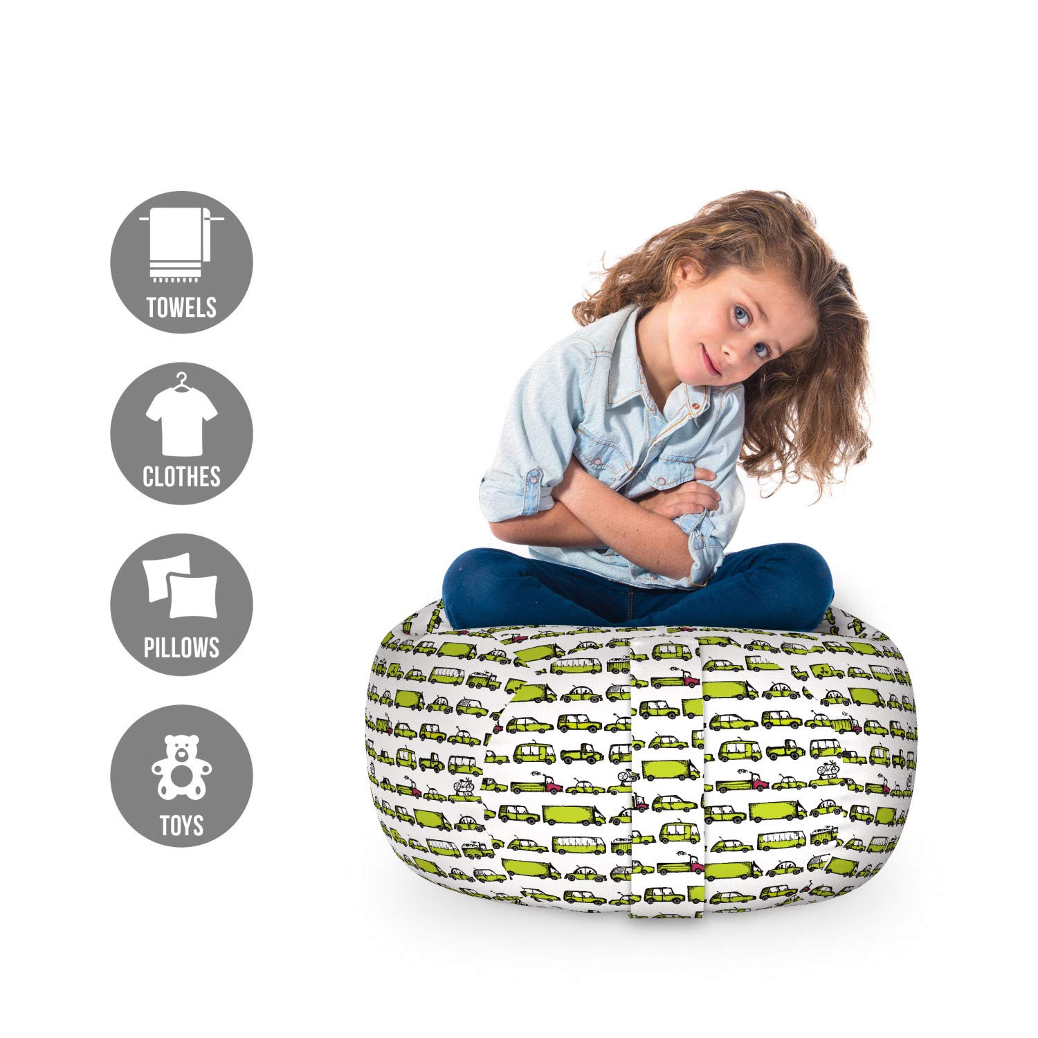 Ambesonne Cars Storage Toy Bag Chair - Washable Stuffed Animal Organizer for Kids - Small Size in Apple Green - Perfect for Car Toys, Trucks, Sedans & Buses - Ideal for Playrooms, Bedrooms & Travel