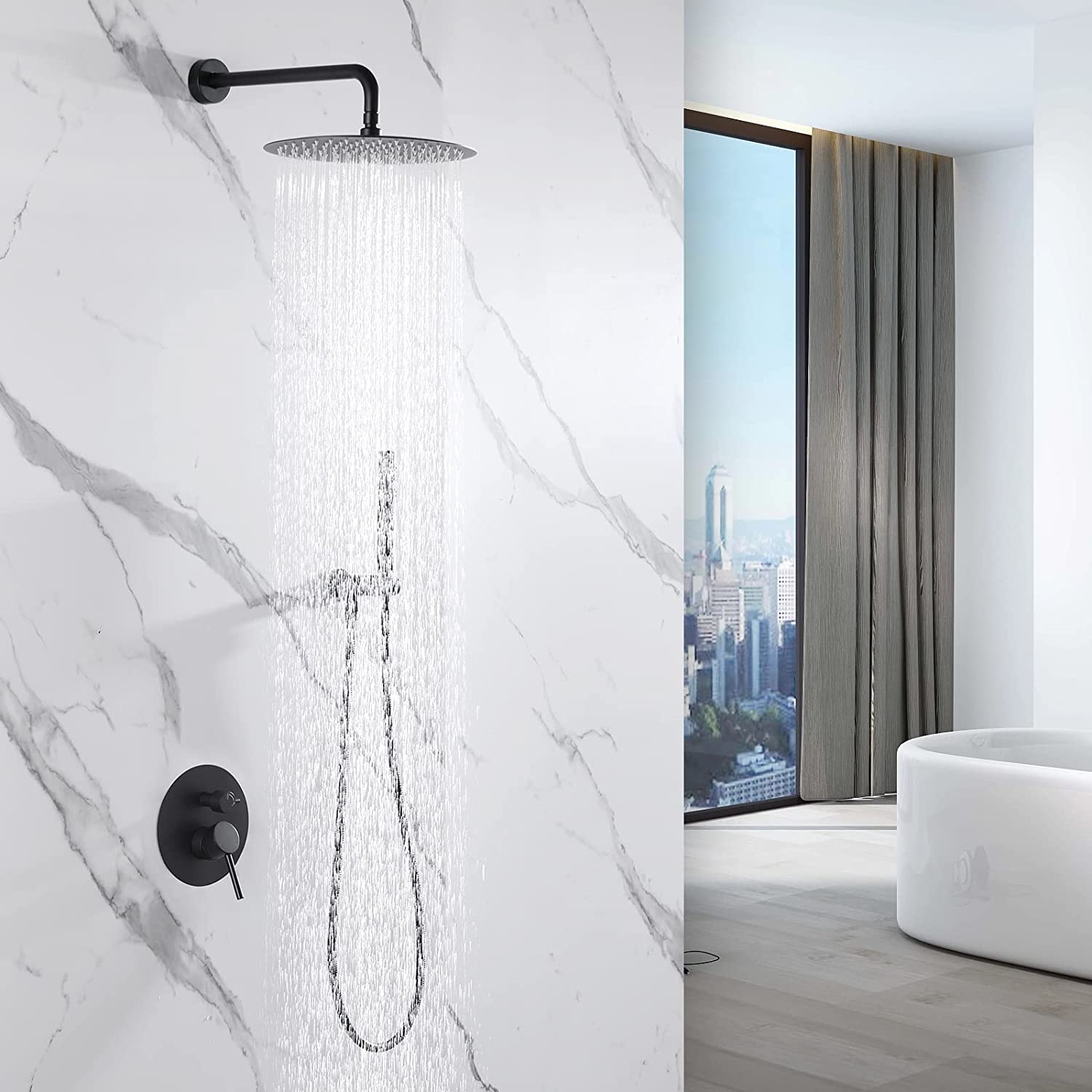 HaiZR Matte Black Shower System - 10 Inch Rainfall Shower Head with Brass Faucet, Wall Mounted Bathroom Shower Combo Set with Rough-in Valve & Trim Kit - Perfect for Modern Home, Spa, and Luxury Bathroom Renovations
