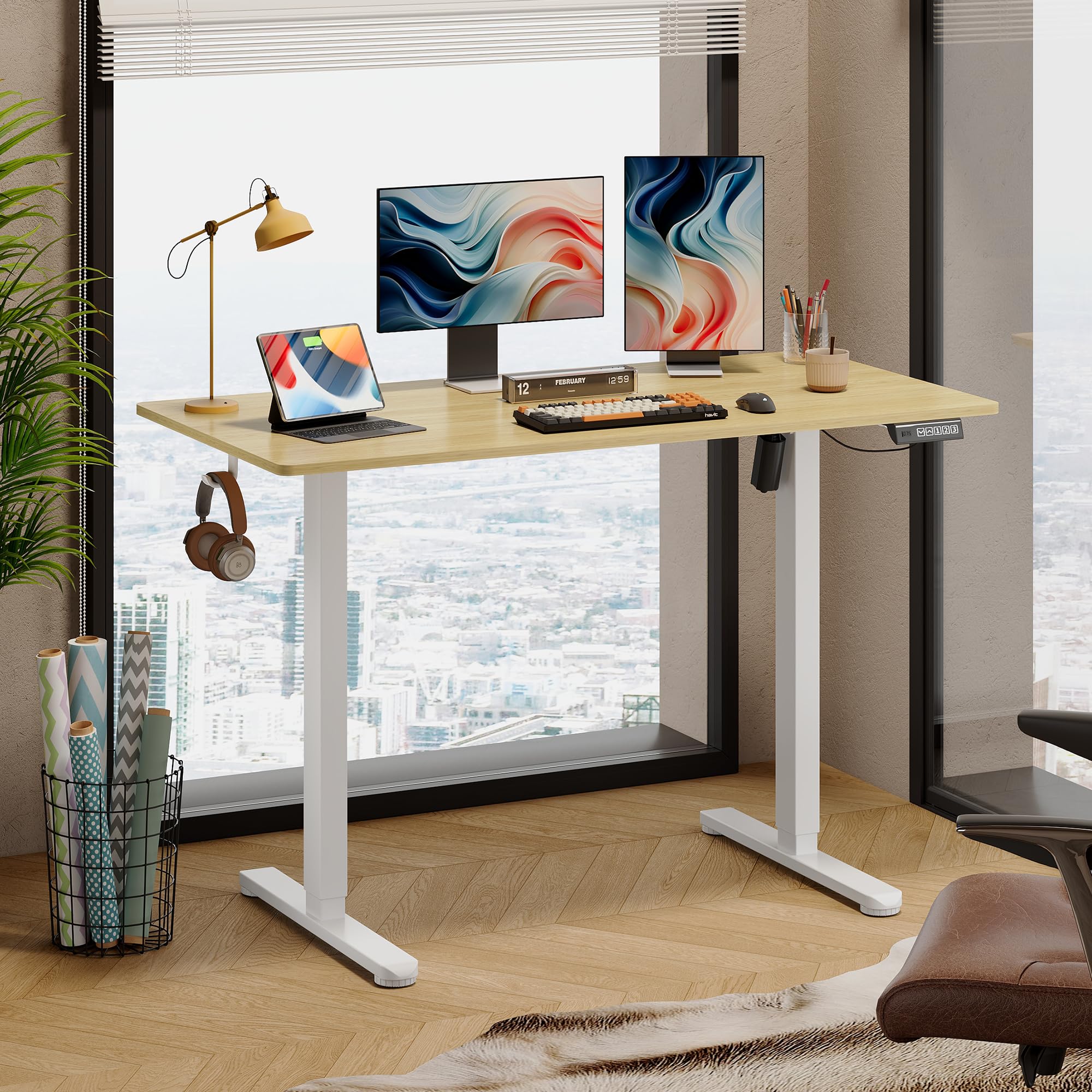 DEVAISE 48 x 24 Inch Electric Adjustable Height Standing Desk with 3 Memory Presets - Sit Stand Computer Desk for Home Office, Ergonomic Workstation with Headphone Hook in Maple Finish - Perfect for Remote Work & Gaming Setup